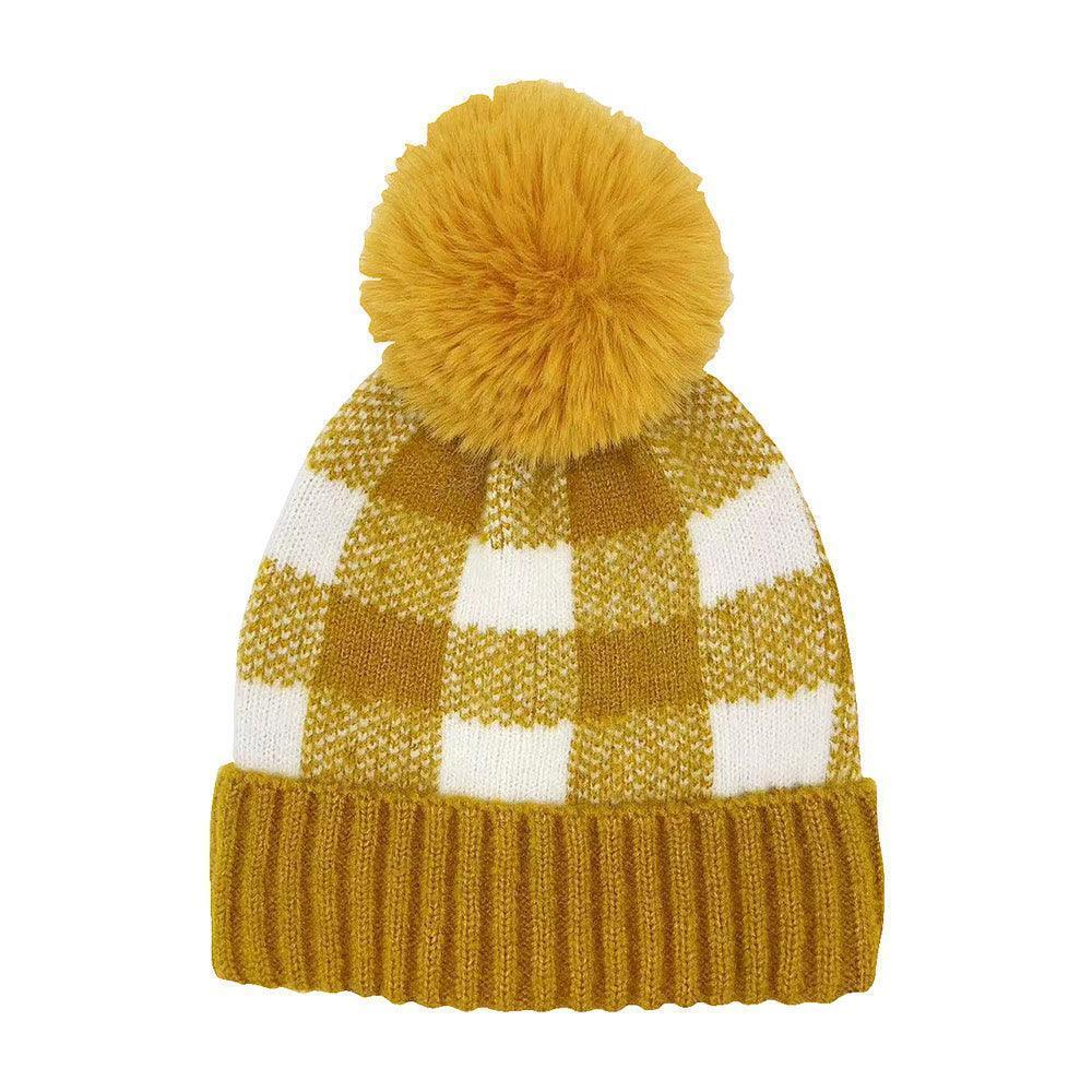 Buffalo Check Patterned Faux Fur Pom Pom Beanie Hat - Jewelry Store by Erik Rayo