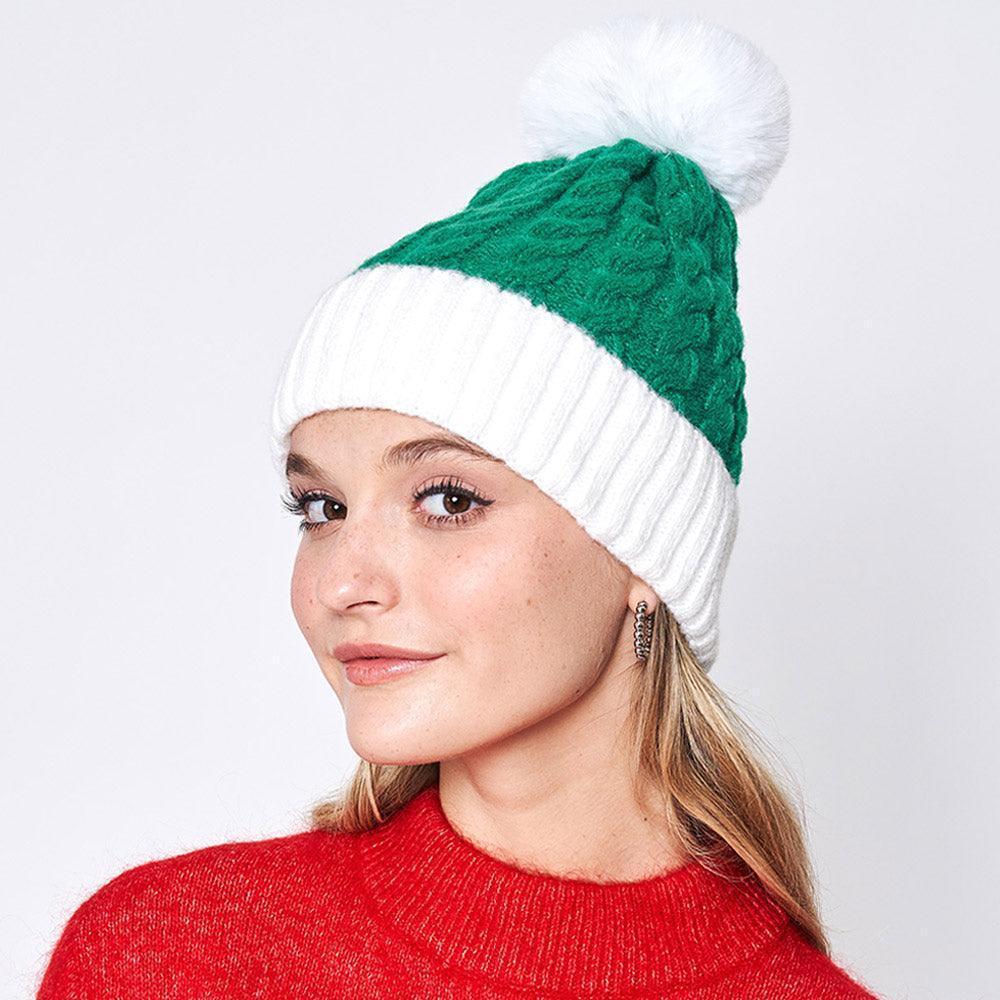Cable Knit Faux Fur Pom Pom Beanie Hat Christmans Green - Jewelry Store by Erik Rayo