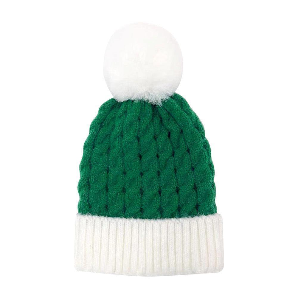 Cable Knit Faux Fur Pom Pom Beanie Hat Christmans Green - Jewelry Store by Erik Rayo