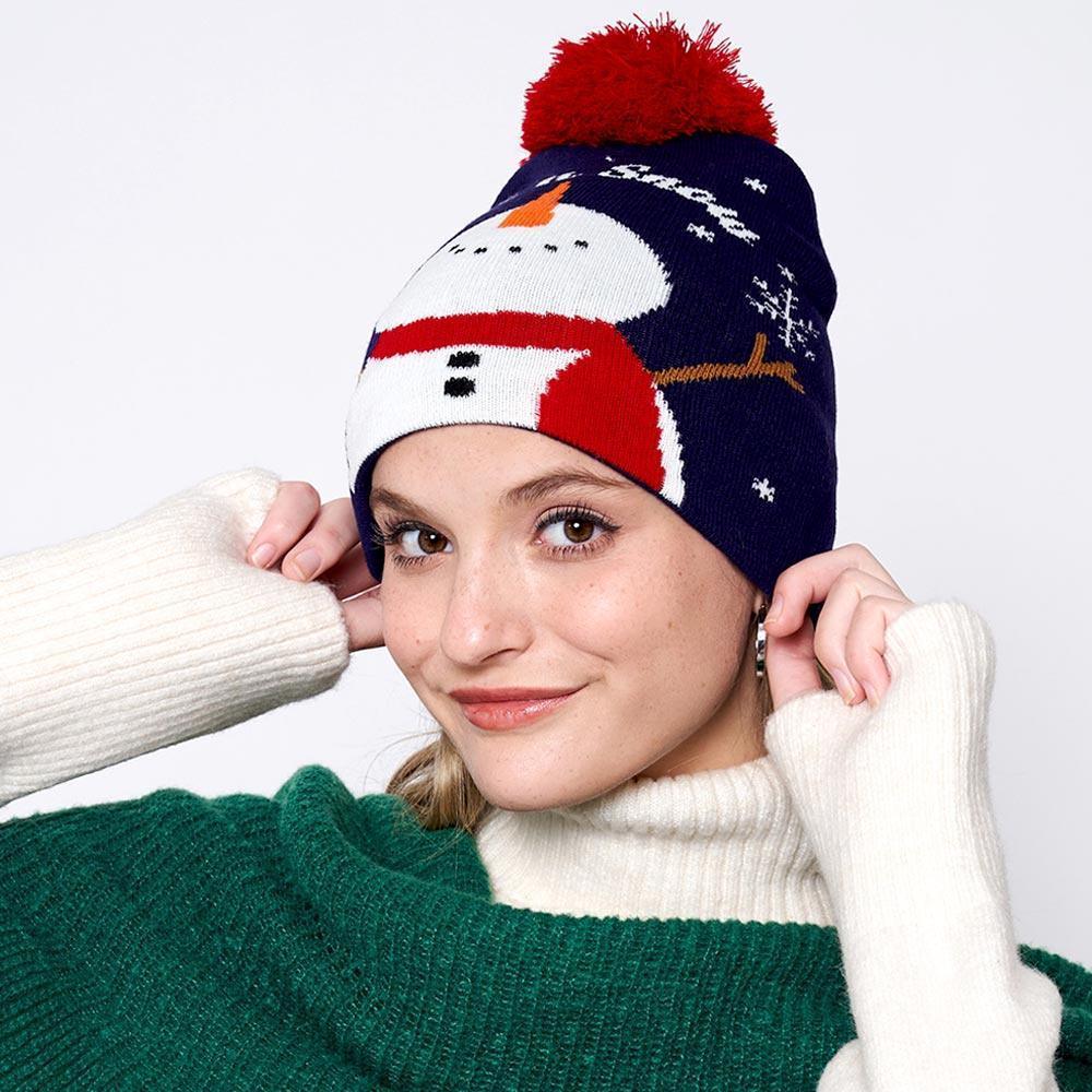 Let It Snow Message Snowman Snowflake Pom Pom Beanie Hat - Jewelry Store by Erik Rayo