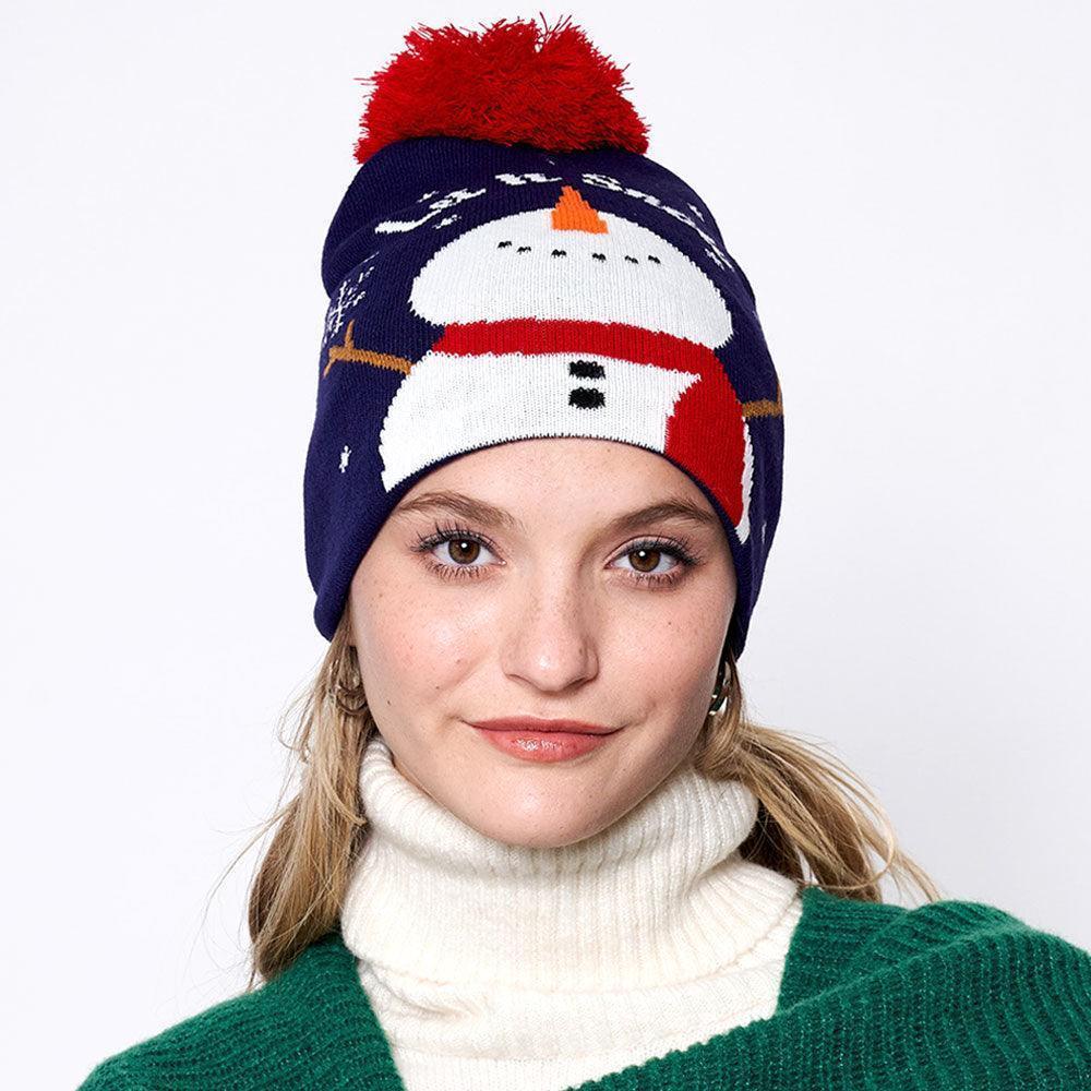 Let It Snow Message Snowman Snowflake Pom Pom Beanie Hat - Jewelry Store by Erik Rayo