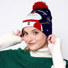 Load image into Gallery viewer, Let It Snow Message Snowman Snowflake Pom Pom Beanie Hat
