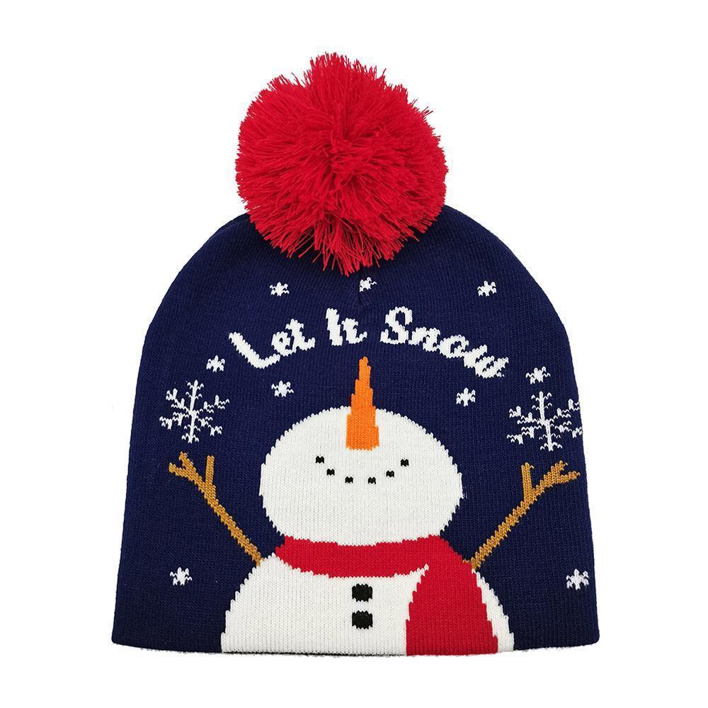 Let It Snow Message Snowman Snowflake Pom Pom Beanie Hat - Jewelry Store by Erik Rayo