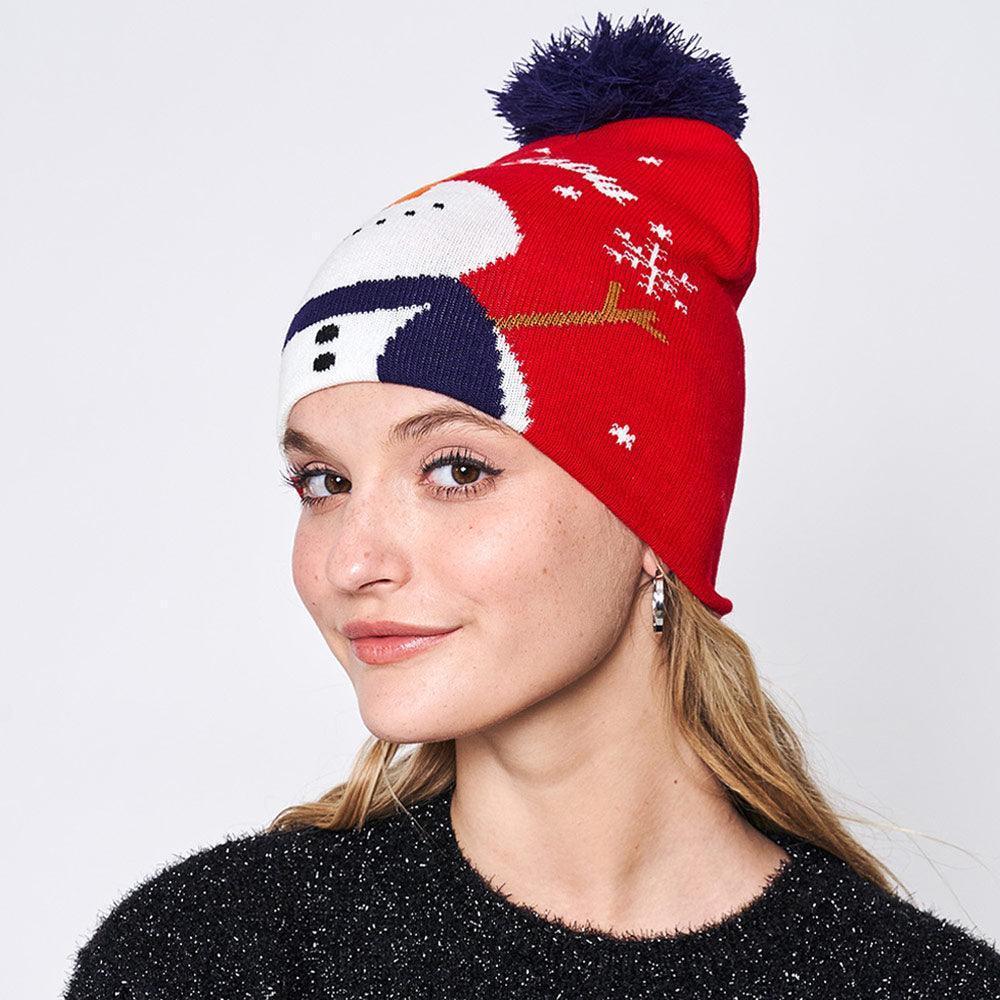 Let It Snow Message Snowman Snowflake Pom Pom Beanie Hat - Jewelry Store by Erik Rayo