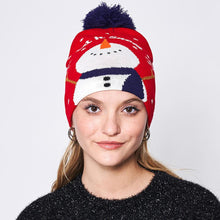 Load image into Gallery viewer, Let It Snow Message Snowman Snowflake Pom Pom Beanie Hat
