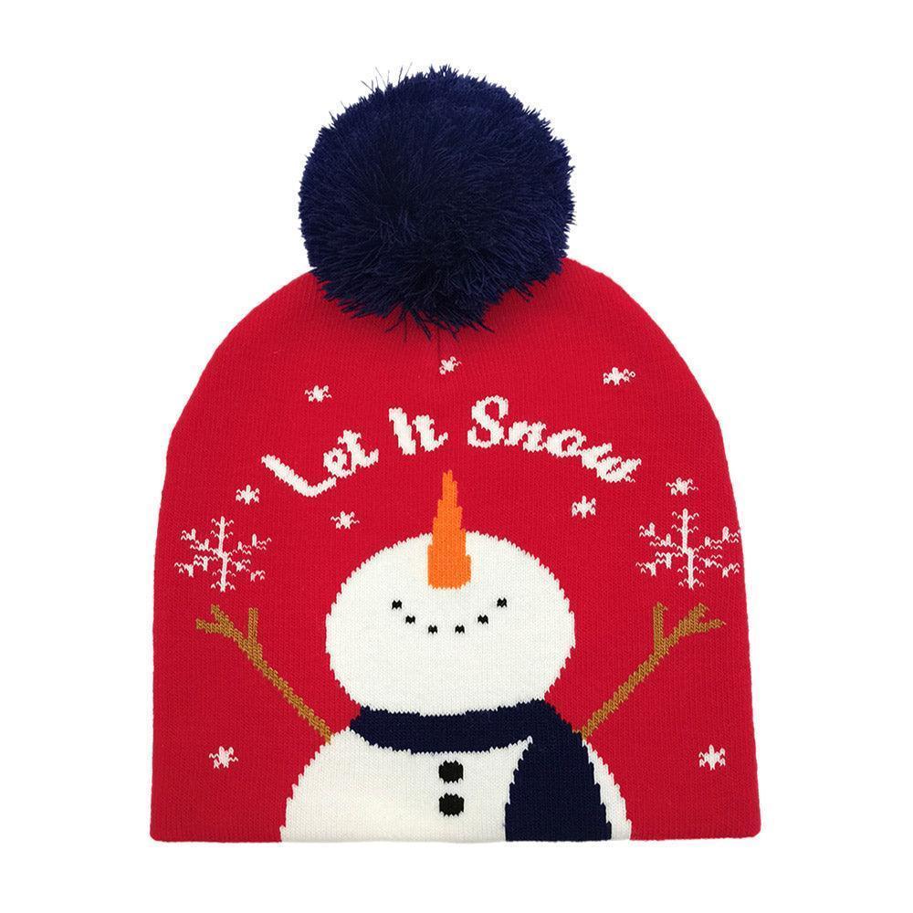 Let It Snow Message Snowman Snowflake Pom Pom Beanie Hat - Jewelry Store by Erik Rayo