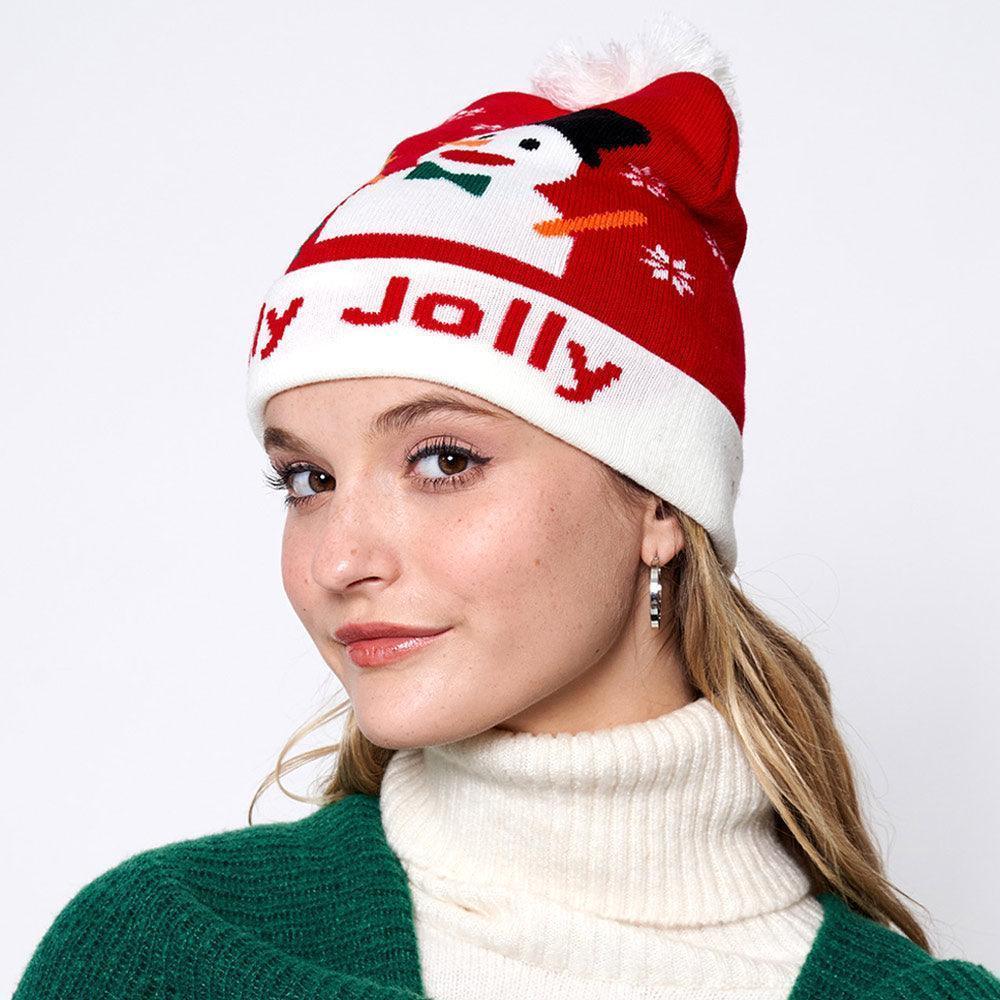 Holly Jolly Message Snowman Christmas Tree Pom Pom Beanie Hat - Jewelry Store by Erik Rayo