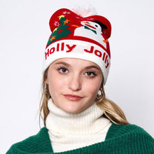 Load image into Gallery viewer, Holly Jolly Message Snowman Christmas Tree Pom Pom Beanie Hat
