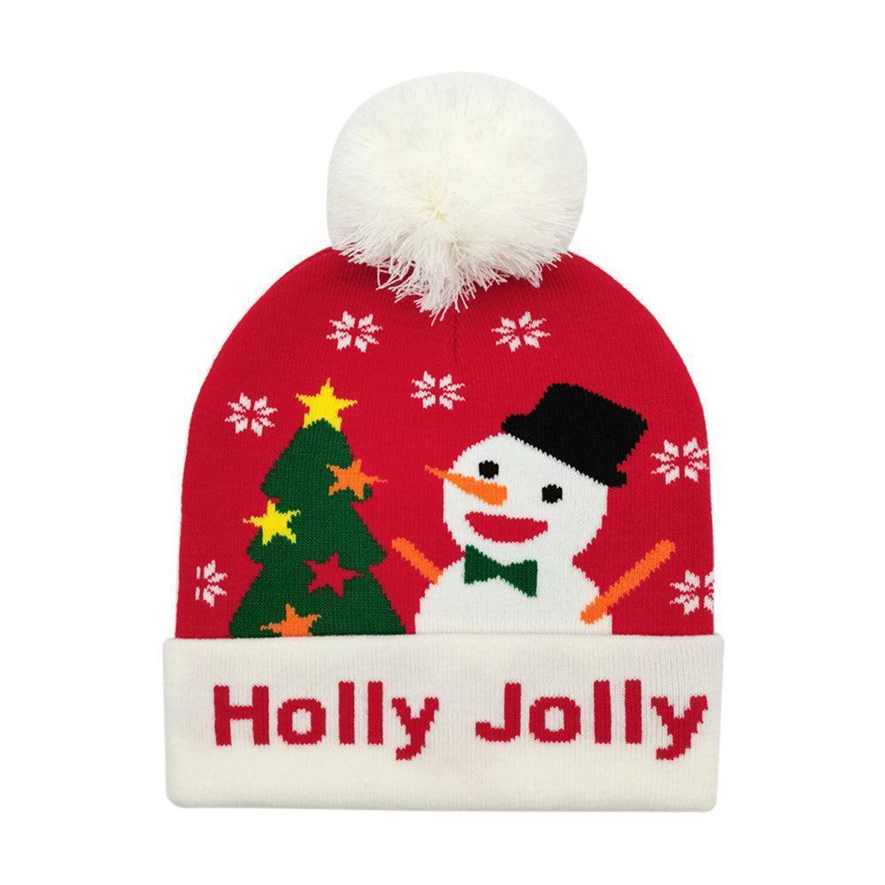 Holly Jolly Message Snowman Christmas Tree Pom Pom Beanie Hat - Jewelry Store by Erik Rayo