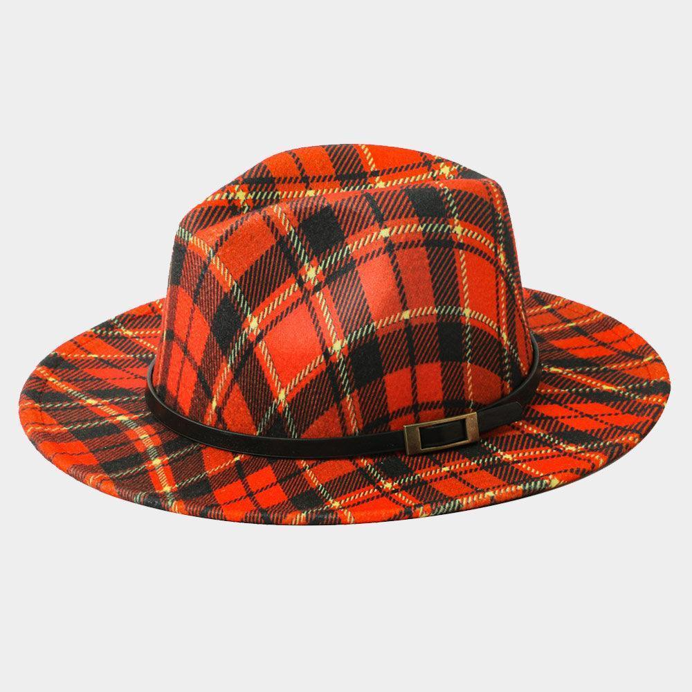Belt Band Accented Plaid Check Patterned Fedora Hat - Jewelry Store by Erik Rayo
