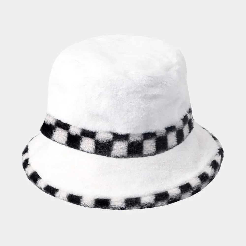 Check Pattern Detailed Faux Fur Bucket Hat - Jewelry Store by Erik Rayo