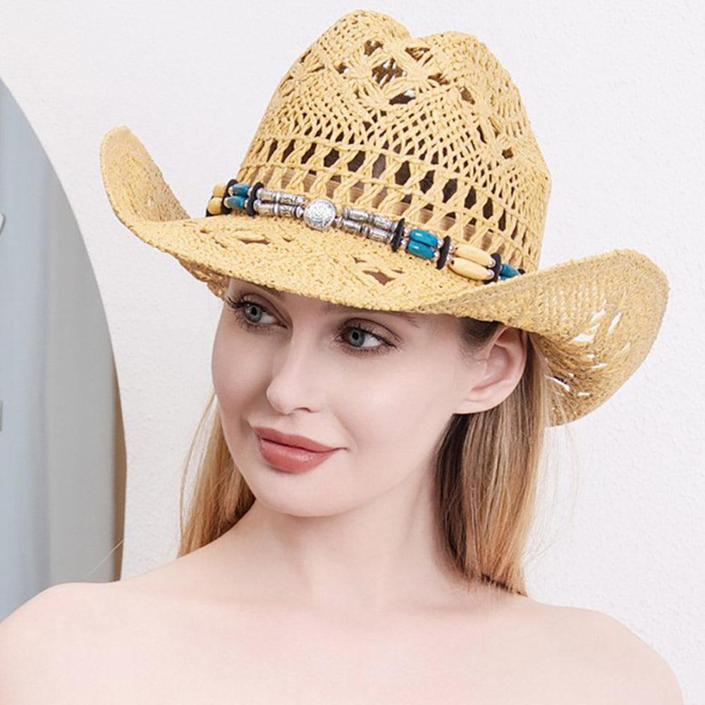 Natural Stone Wood Accented Straw Cowboy Sun Hat