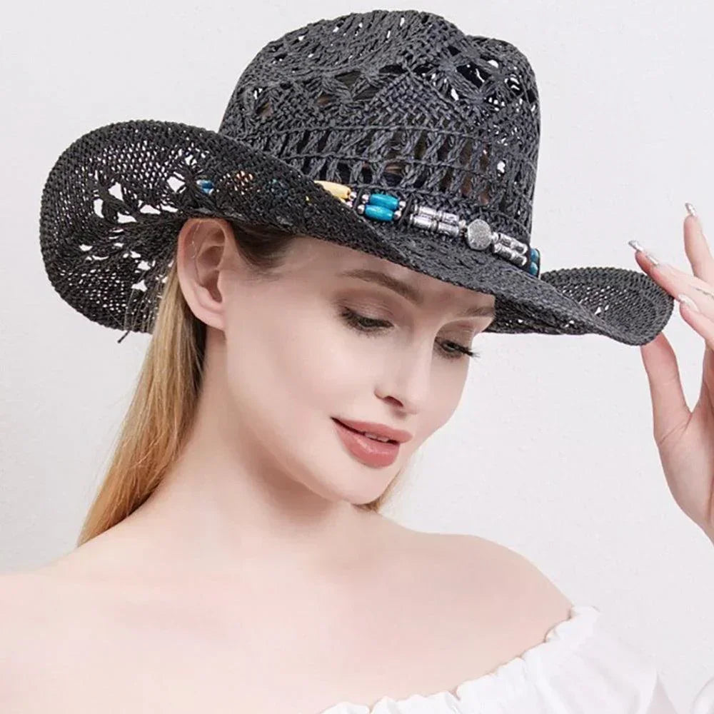 Natural Stone Wood Accented Straw Cowboy Sun Hat - Jewelry Store by Erik Rayo