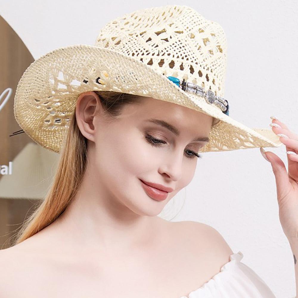 Natural Stone Wood Accented Straw Cowboy Sun Hat