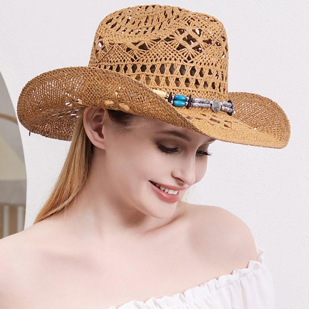 Natural Stone Wood Accented Straw Cowboy Sun Hat