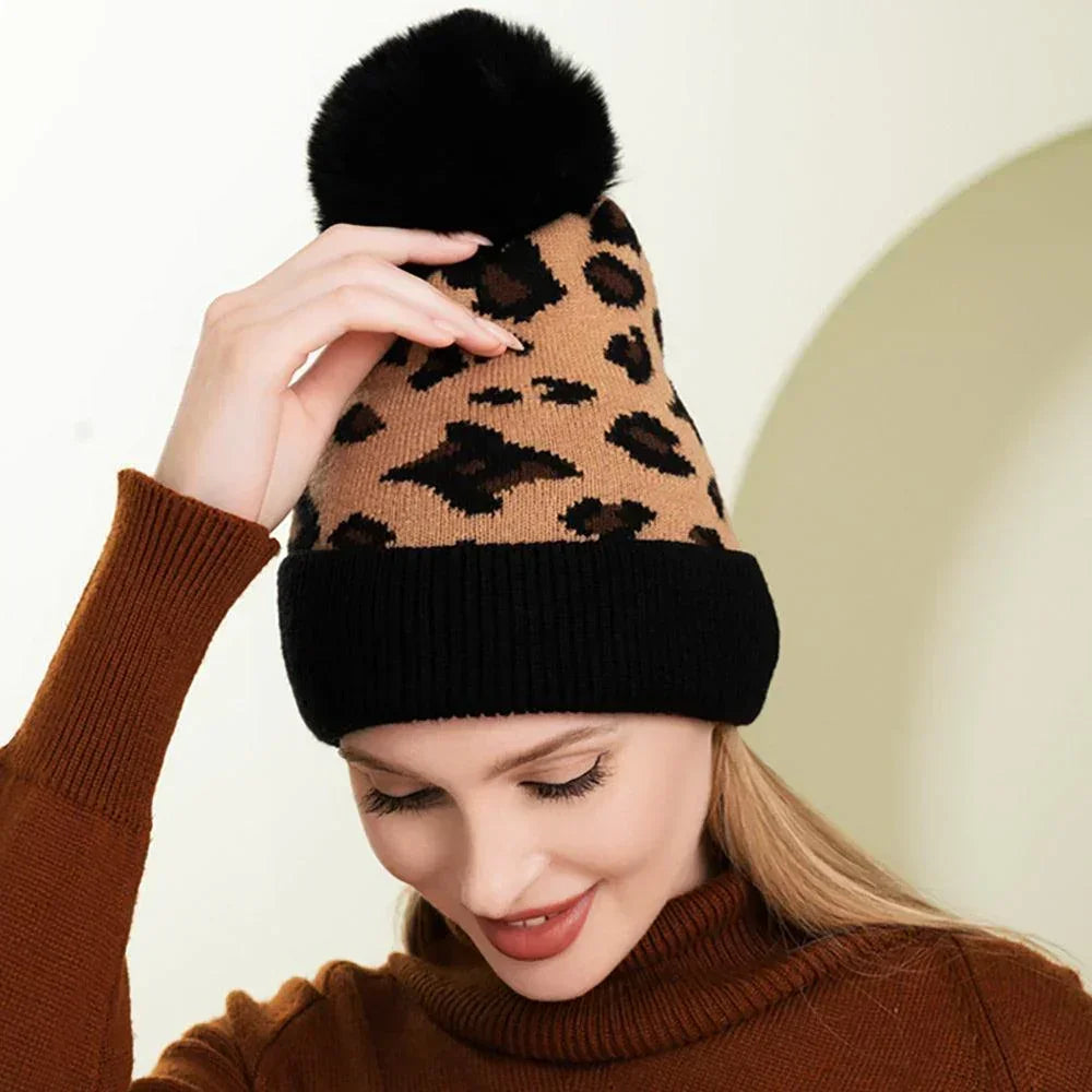 Leopard Patterned Faux Fur Pom Pom Beanie Hat - Jewelry Store by Erik Rayo