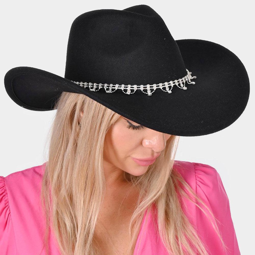 Stone Embellished Band Pointed Solid Cowboy Fedora Panama Hat - Jewelry Store by Erik Rayo