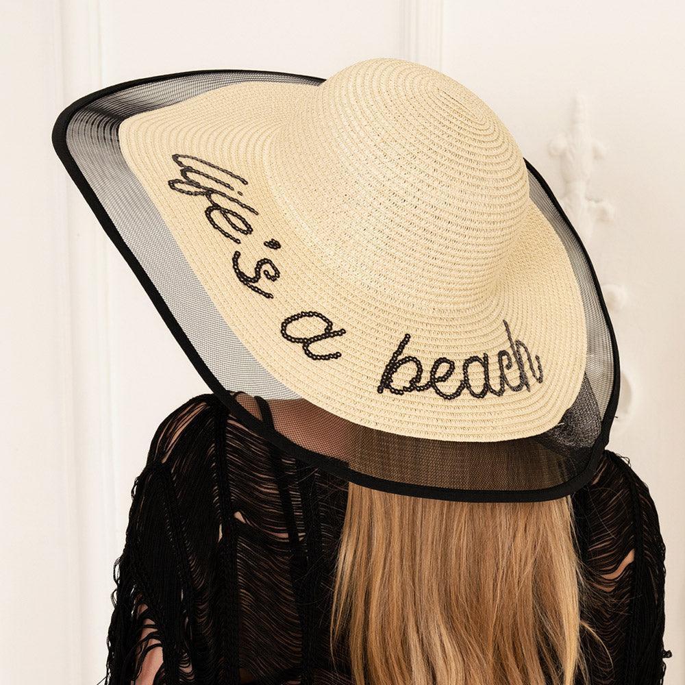 Life is a beach Message Mesh Brim Straw Sun Hat - Jewelry Store by Erik Rayo