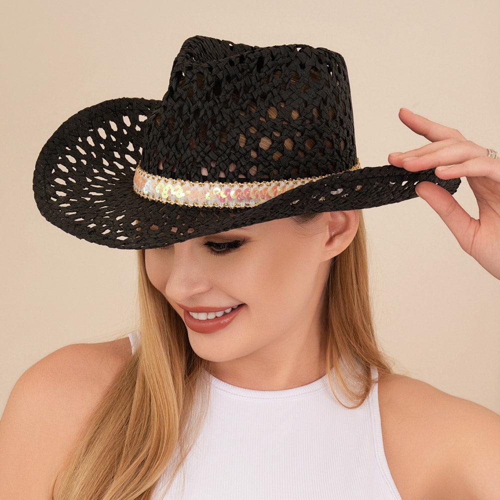 Sequin Beaded Band Pointed Hollow Out Western Cowboy Fedora Hat