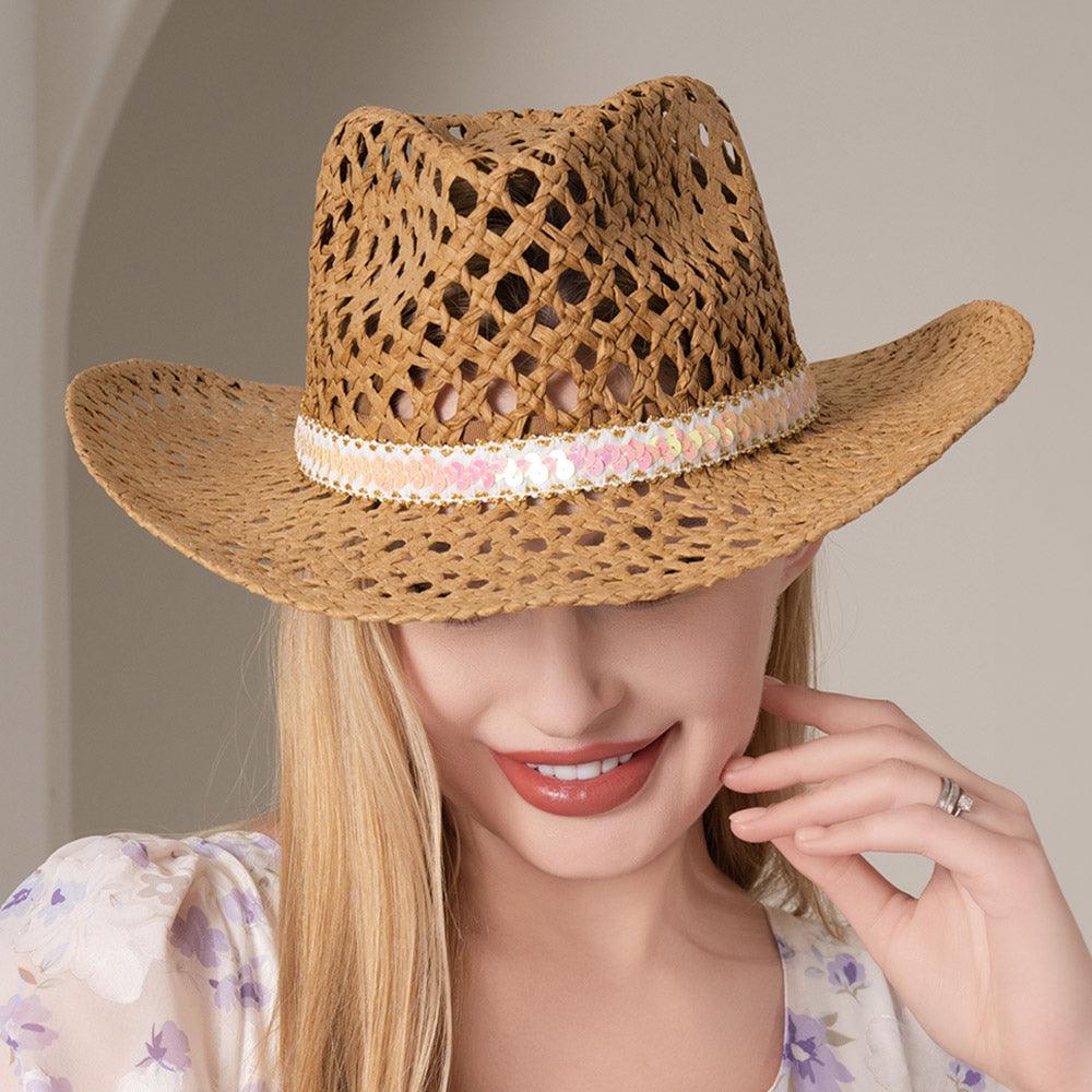 Sequin Beaded Band Pointed Hollow Out Western Cowboy Fedora Hat