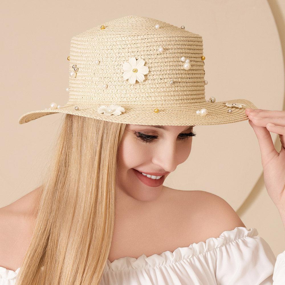 Pearl Flower Embellished Straw Sun Hat - Jewelry Store by Erik Rayo