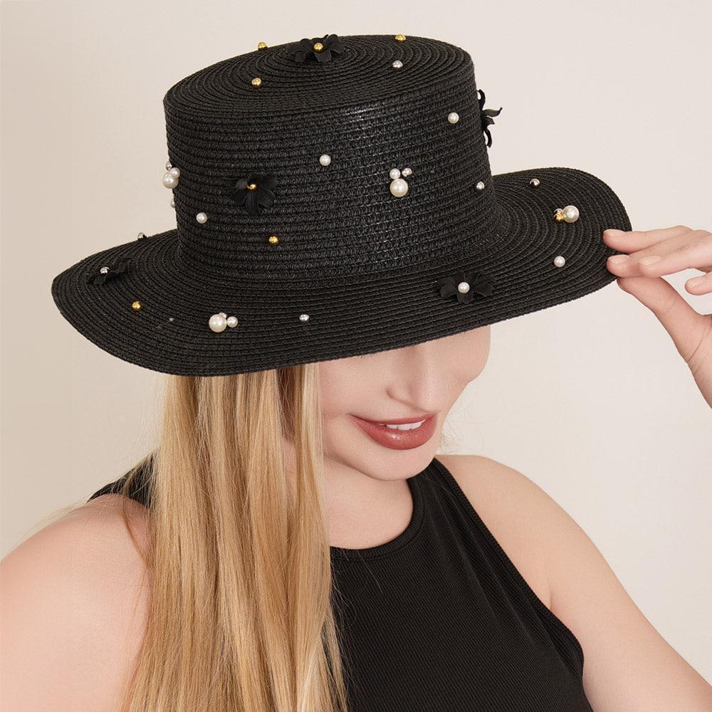 Pearl Flower Embellished Straw Sun Hat - Jewelry Store by Erik Rayo