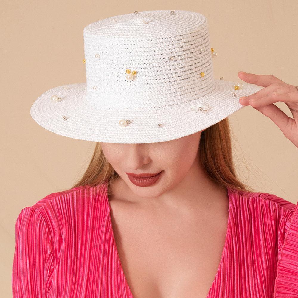 Pearl Flower Embellished Straw Sun Hat - Jewelry Store by Erik Rayo