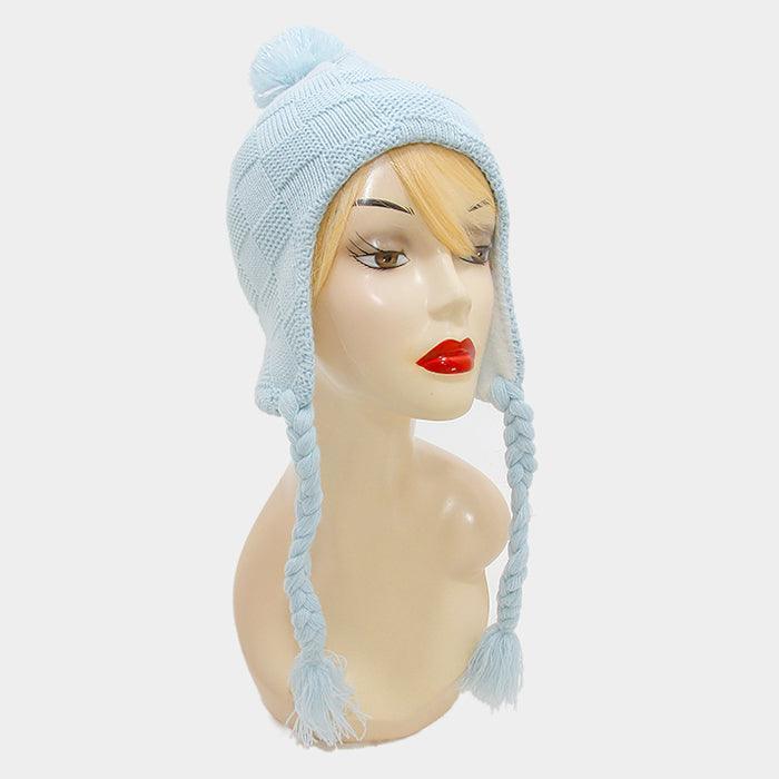 Braided knit tassel drop pom pom earcuff hat - Jewelry Store by Erik Rayo