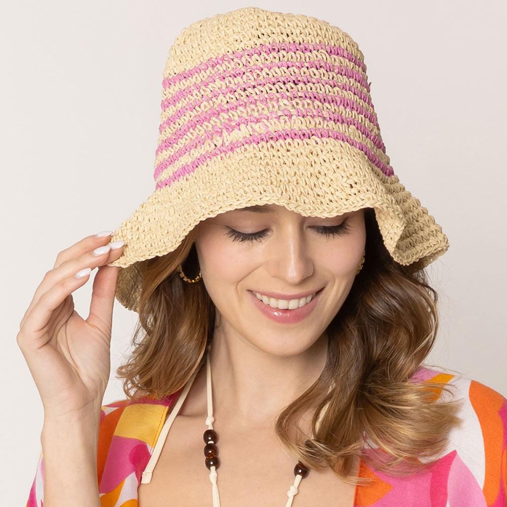 Two Tone Stripe Straw Bucket Hat