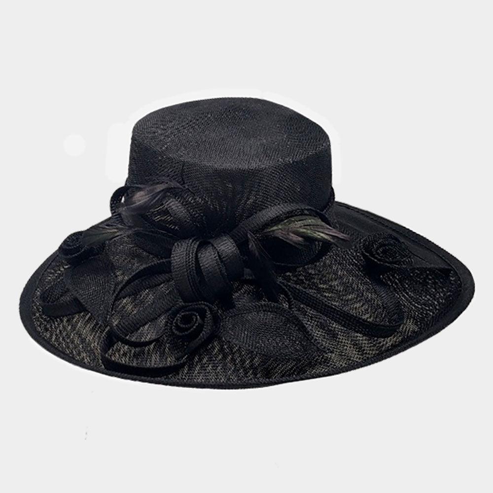 Flower Ribbon Feather Accented Sinamay Dressy Hat