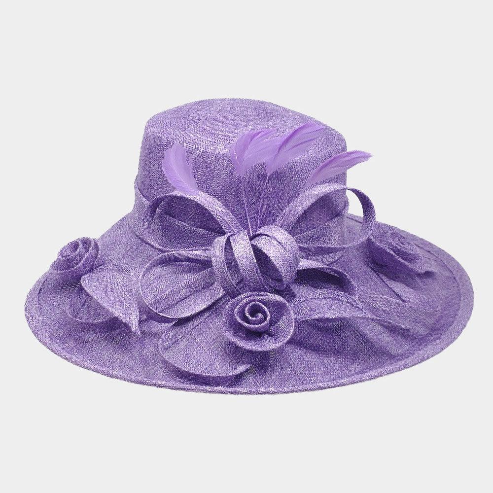 Flower Ribbon Feather Accented Sinamay Dressy Hat