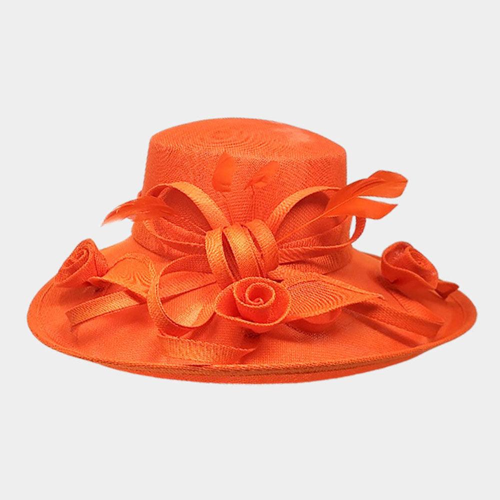 Flower Ribbon Feather Accented Sinamay Dressy Hat