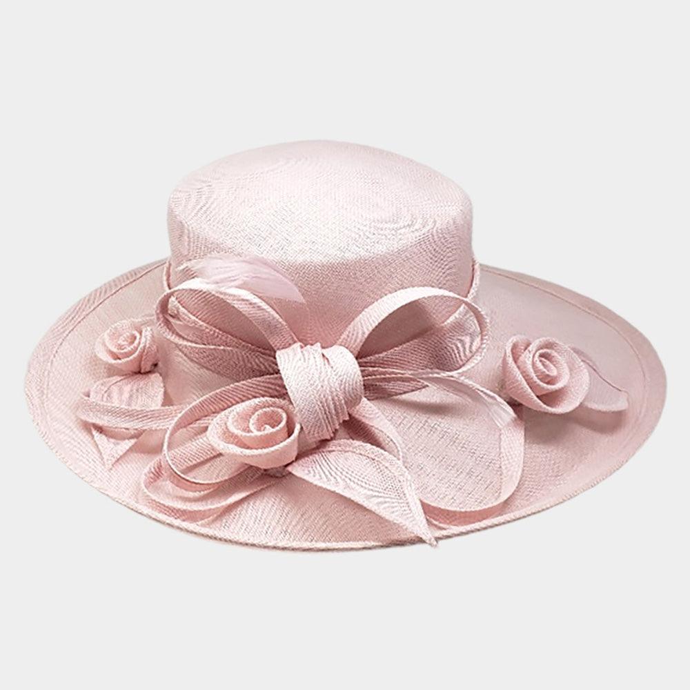 Flower Ribbon Feather Accented Sinamay Dressy Hat