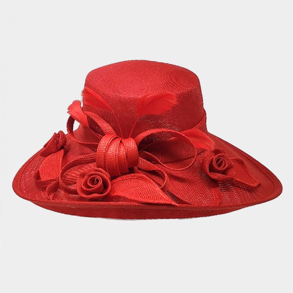 Flower Ribbon Feather Accented Sinamay Dressy Hat