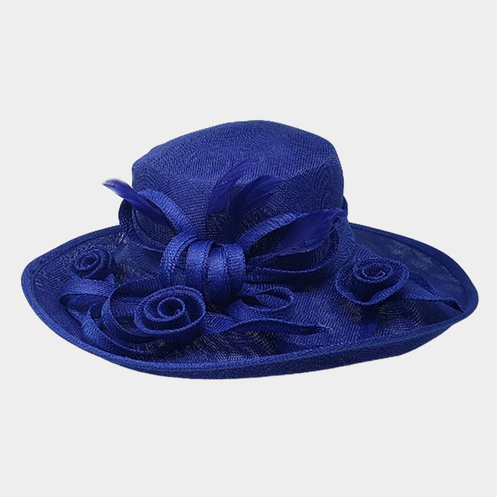 Flower Ribbon Feather Accented Sinamay Dressy Hat