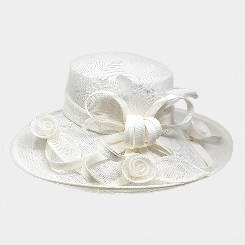 Flower Ribbon Feather Accented Sinamay Dressy Hat