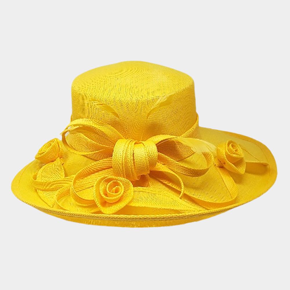 Flower Ribbon Feather Accented Sinamay Dressy Hat