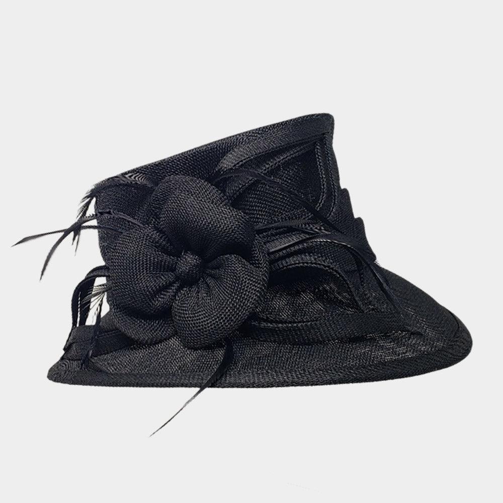 Flower Ribbon Feather Accented Sinamay Dressy Hat