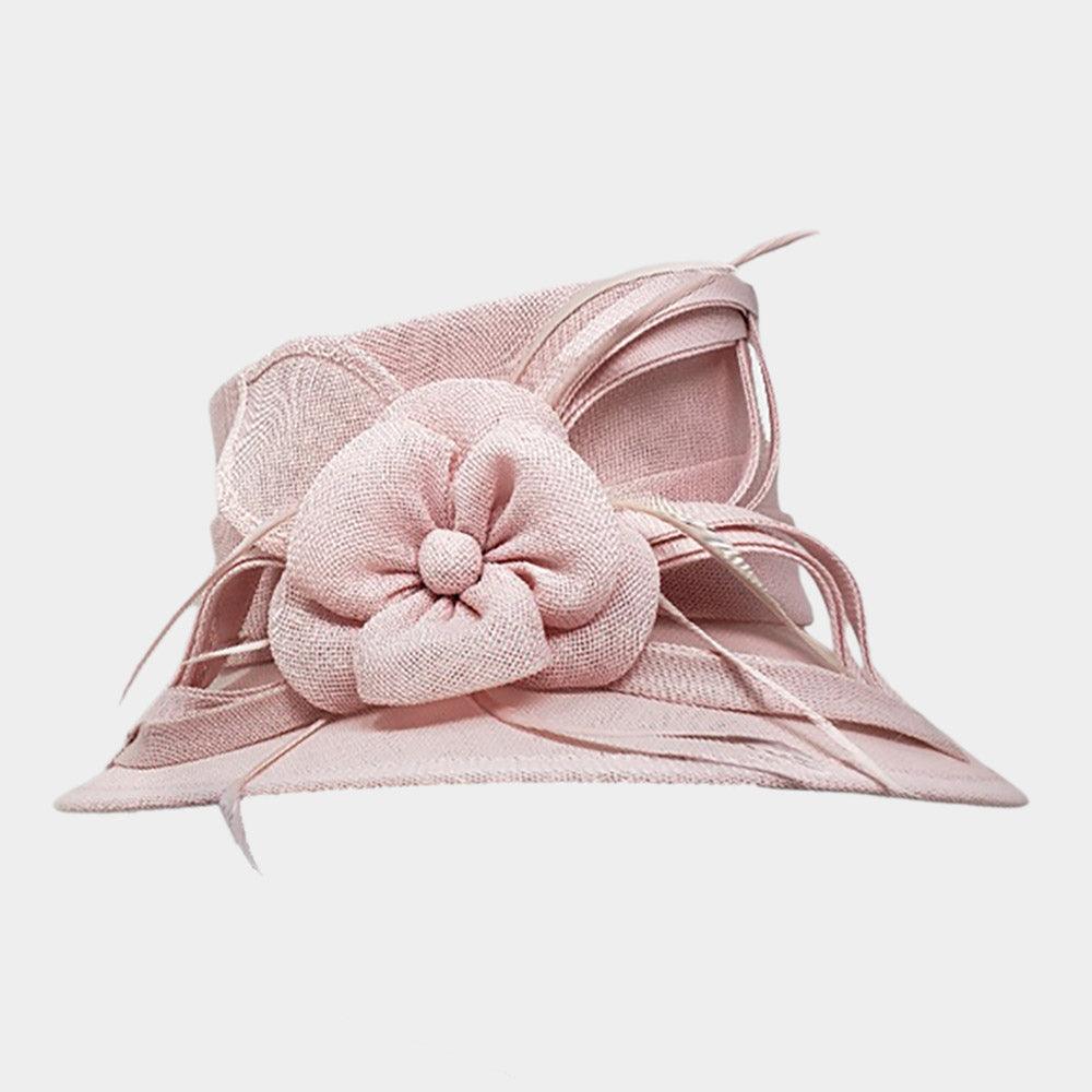 Flower Ribbon Feather Accented Sinamay Dressy Hat