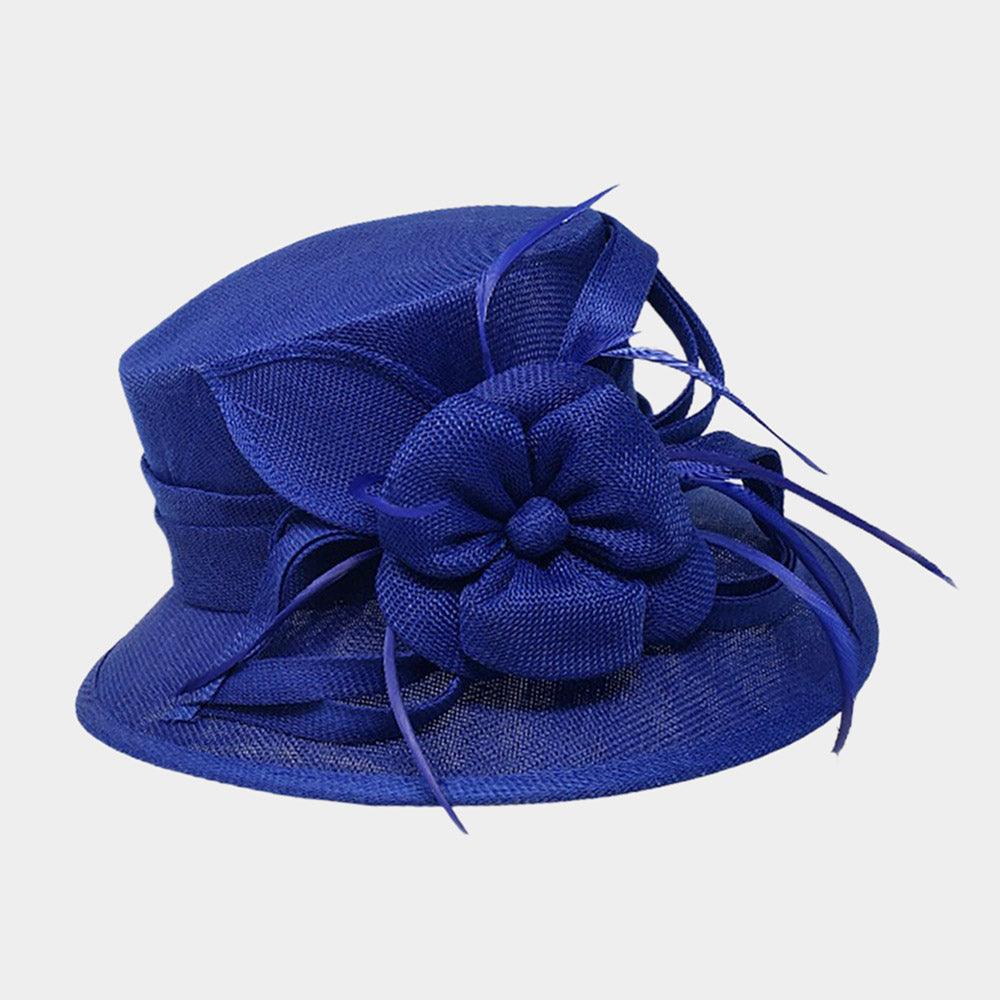 Flower Ribbon Feather Accented Sinamay Dressy Hat