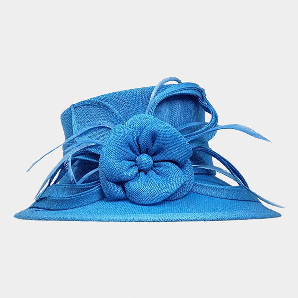 Flower Ribbon Feather Accented Sinamay Dressy Hat