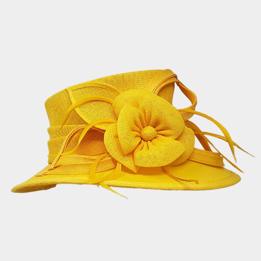 Flower Ribbon Feather Accented Sinamay Dressy Hat