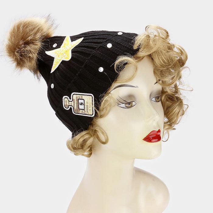 Sequin perfume & star patch beanie hat with pom pom - Jewelry Store by Erik Rayo