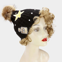 Load image into Gallery viewer, Sequin perfume &amp; star patch beanie hat with pom pom
