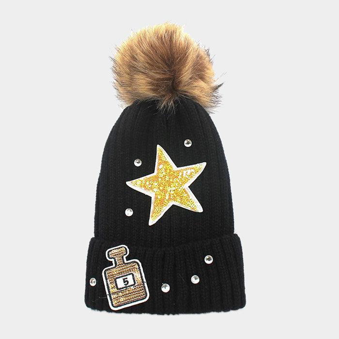 Sequin perfume & star patch beanie hat with pom pom