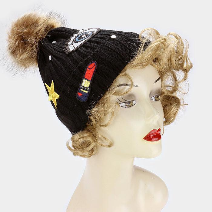 Sequin big eye & embroidered lipstick patch beanie hat with pom pom - Jewelry Store by Erik Rayo