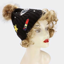 Load image into Gallery viewer, Sequin big eye &amp; embroidered lipstick patch beanie hat with pom pom
