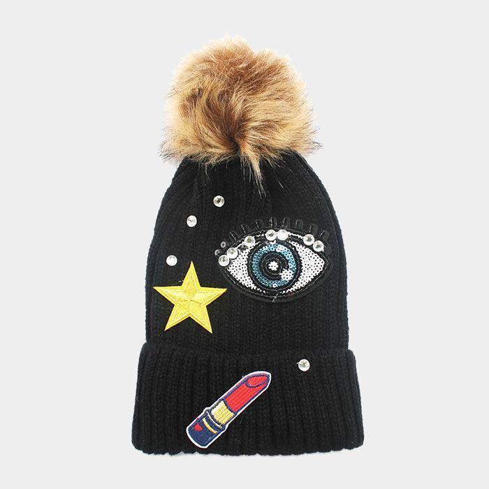 Sequin big eye & embroidered lipstick patch beanie hat with pom pom - Jewelry Store by Erik Rayo