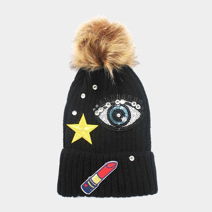 Sequin big eye & embroidered lipstick patch beanie hat with pom pom