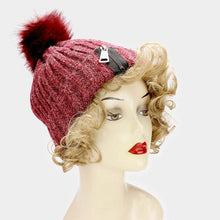 Load image into Gallery viewer, Soft Knit Fleece Zipper Detail Pom Pom Beanie
